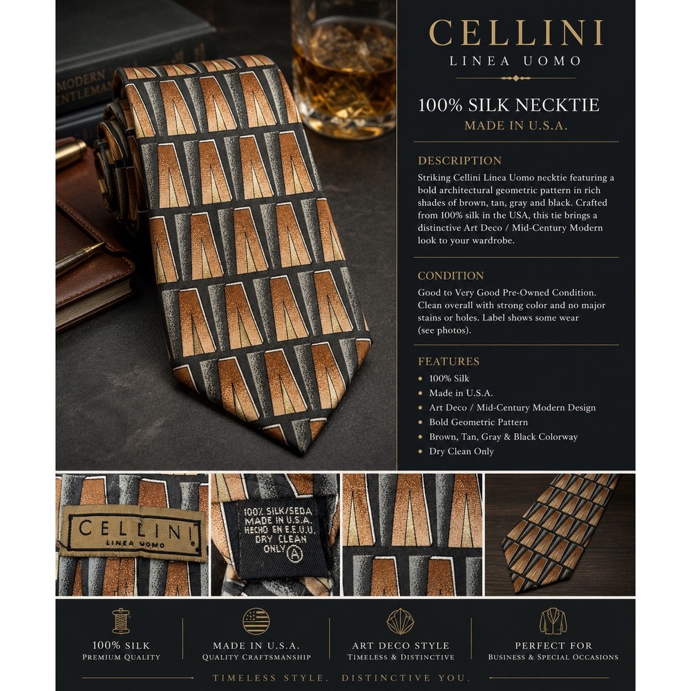 Cellini Linea Uomo Men's 100% Silk Necktie – Brown Black Gray Art Deco Geometric